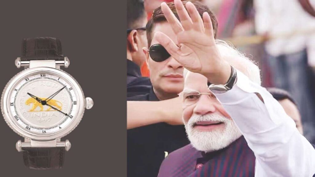 Narendra Modi wearing Jaipur Watch Company Roman Bag watch with 1947 coin dial