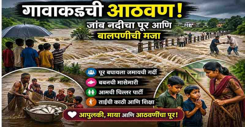 "जांब नदीचा पूर पाहणारी गावातील मुले आणि पावसाळ्यातील निसर्ग"