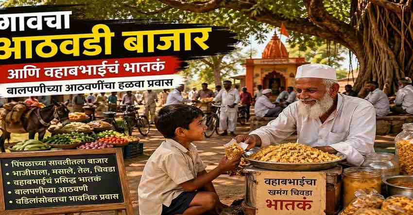 गावातील आठवडी बाजार, पिंपळाच्या झाडाखाली बसलेले दुकानदार, भाजीपाला आणि चिवडा विक्री करणारे व्यापारी, ग्रामीण जीवनाचे दृश्य