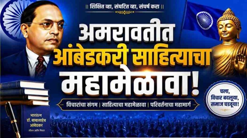 अमरावती येथे आयोजित चौथे परिवर्तनवादी आंबेडकरी साहित्य संमेलनाचे पोस्टर व मान्यवरांची उपस्थिती